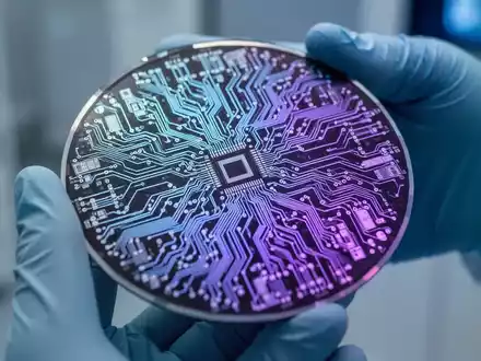 A close-up of an advanced silicon wafer with glowing circuit patterns, held by a gloved hand in a high-tech laboratory. - Foto: über boerse-global.de