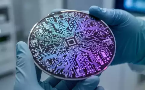 A close-up of an advanced silicon wafer with glowing circuit patterns, held by a gloved hand in a high-tech laboratory. - Foto: über boerse-global.de