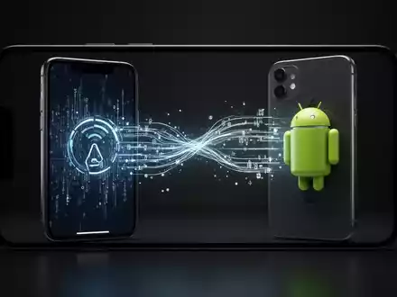 Two smartphones, one resembling an iPhone and one an Android device, wirelessly transferring data between their screens with glowing lines. - Foto: über boerse-global.de