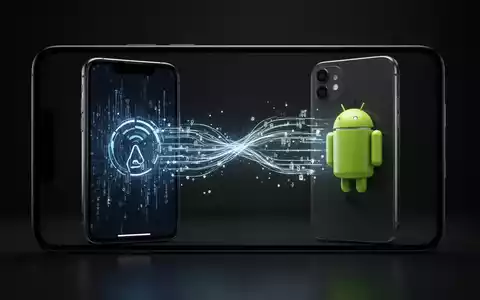Two smartphones, one resembling an iPhone and one an Android device, wirelessly transferring data between their screens with glowing lines. - Foto: über boerse-global.de