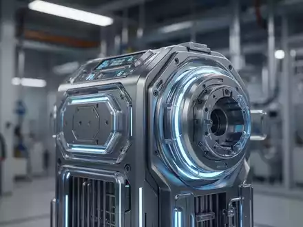 Nahaufnahme einer futuristischen Brennstoffzelle mit blauen Lichtern vor einem unscharfen Hintergrund einer Industrieanlage. - Foto: über boerse-global.de