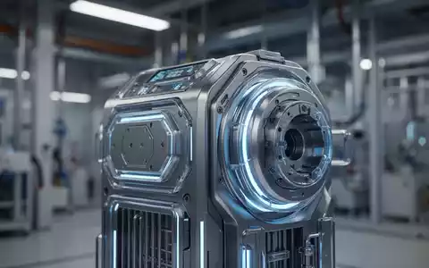 Nahaufnahme einer futuristischen Brennstoffzelle mit blauen Lichtern vor einem unscharfen Hintergrund einer Industrieanlage. - Foto: über boerse-global.de