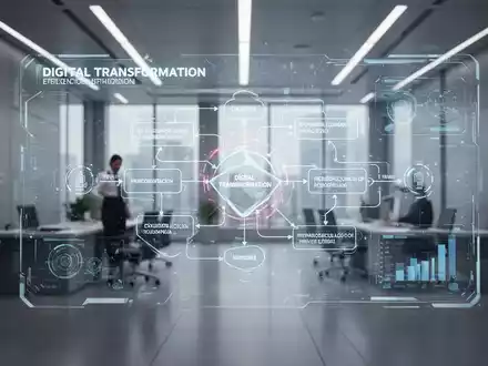 Ein futuristisches Büro mit holografischer Anzeige komplexer Arbeitsabläufe, die Digitalisierung staatlicher Genehmigungsverfahren symbolisierend. - Foto: über boerse-global.de