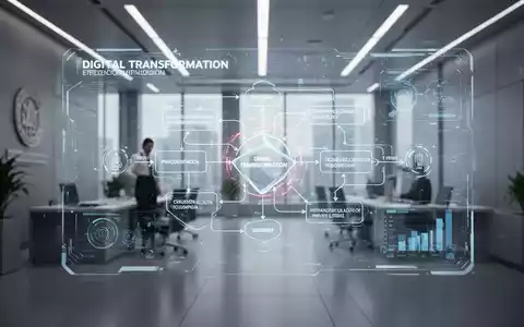 Ein futuristisches Büro mit holografischer Anzeige komplexer Arbeitsabläufe, die Digitalisierung staatlicher Genehmigungsverfahren symbolisierend. - Foto: über boerse-global.de