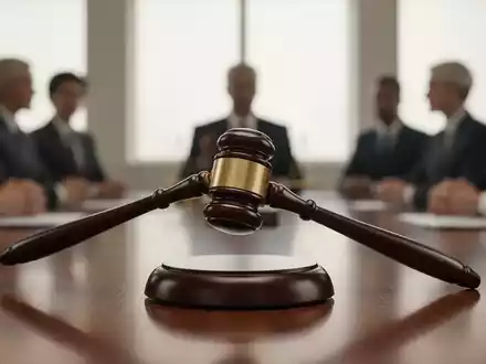 Ein stilisierter Holzhammer schlägt auf einen Block, im Hintergrund verschwommene Silhouetten von Personen, die eine Besprechung andeuten. - Foto: über boerse-global.de