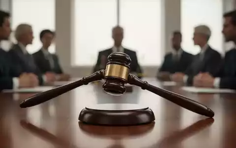 Ein stilisierter Holzhammer schlägt auf einen Block, im Hintergrund verschwommene Silhouetten von Personen, die eine Besprechung andeuten. - Foto: über boerse-global.de