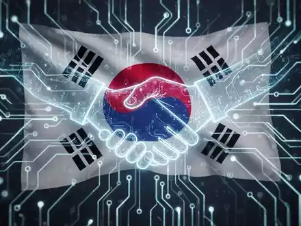 Eine stilisierte Darstellung eines neuralen Netzwerks, das mit der südkoreanischen Flagge und einem digitalen Handschlag-Symbol verschmilzt. - Foto: über boerse-global.de