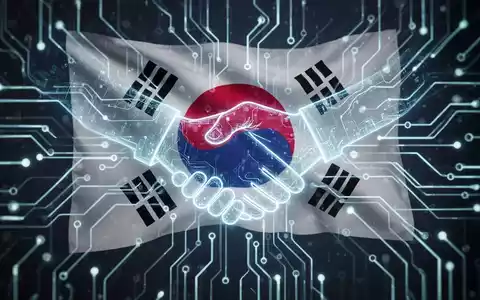 Eine stilisierte Darstellung eines neuralen Netzwerks, das mit der südkoreanischen Flagge und einem digitalen Handschlag-Symbol verschmilzt. - Foto: über boerse-global.de
