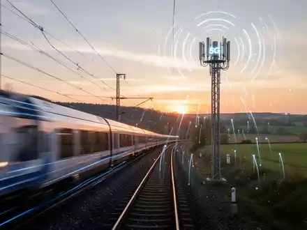 Hochgeschwindigkeitszug fährt an einem 5G-Mobilfunkmast entlang von Bahngleisen in deutscher Landschaft vorbei, Datensignale. - Foto: über boerse-global.de