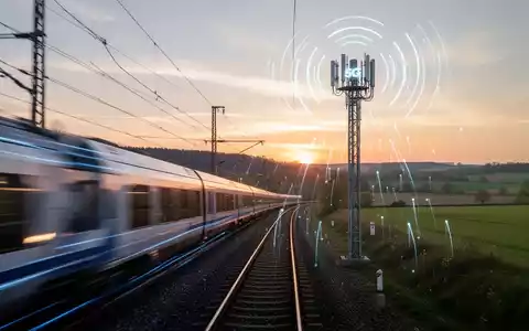 Hochgeschwindigkeitszug fährt an einem 5G-Mobilfunkmast entlang von Bahngleisen in deutscher Landschaft vorbei, Datensignale. - Foto: über boerse-global.de