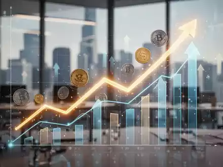 Ein stilisiertes, leuchtendes digitales Diagramm mit Aufwärtstrends und Finanzsymbolen vor einem unscharfen Bürohintergrund. - Foto: über boerse-global.de