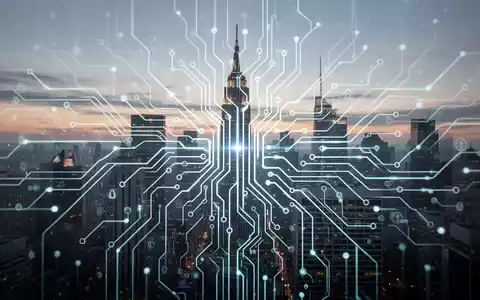 A glowing digital neural network subtly superimposed over a modern cityscape at dusk, symbolizing government digitalization and AI in public services. - Foto: über boerse-global.de