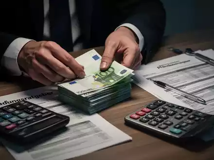Hände zählen Euro-Banknoten auf einem Tisch neben einem Rechner und einem Dokument mit der Aufschrift 'Pfändungsratgeber'. - Foto: über boerse-global.de