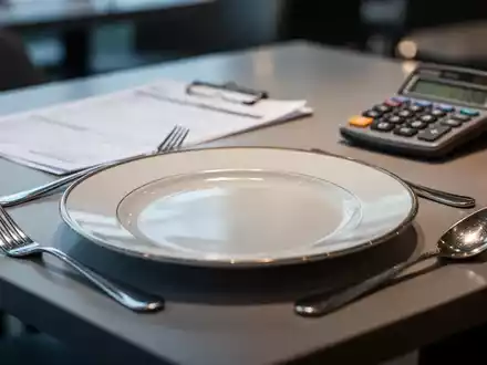 Ein gedeckter Restauranttisch mit einem eleganten Teller und Besteck, im Hintergrund unscharf ein Finanzdokument oder Taschenrechner. - Foto: über boerse-global.de
