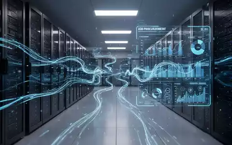 Ein futuristischer Serverraum mit leuchtenden blauen Datenströmen zwischen Serverracks und einer holografischen Anzeige komplexer B2B-Daten. - Foto: über boerse-global.de