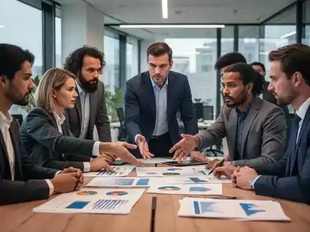 Eine Gruppe von Gründern und Managern diskutiert in einem modernen Büro Reformvorschläge, mit Fokus auf Zusammenarbeit und Innovation. - Foto: über boerse-global.de