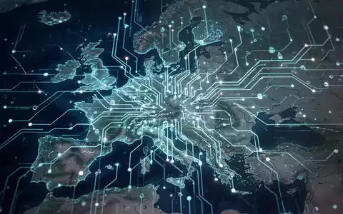 Eine stilisierte, leuchtende neuronale Netzstruktur über einer Europakarte, die digitale Souveränität und Konnektivität symbolisiert. - Foto: über boerse-global.de