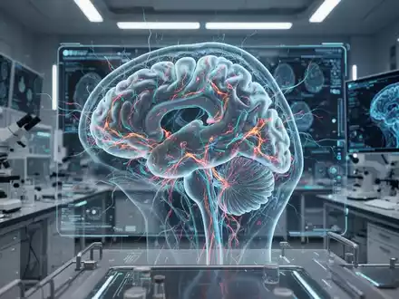 Nahaufnahme eines Gehirnscans, der komplexe neuronale Netze zeigt, mit medizinischen Geräten im Hintergrund. - Foto: über boerse-global.de