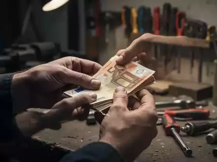 Hände zählen einen kleinen Stapel Euro-Banknoten vor dem unscharfen Hintergrund einer Werkstatt. Fokus auf geringes Einkommen. - Foto: über boerse-global.de