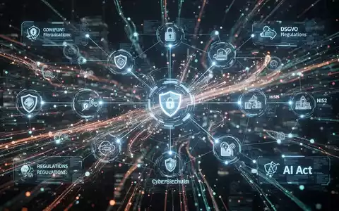 Ein komplexes digitales Netzwerk mit leuchtenden Datenströmen, die Lieferketten und Cybersicherheit symbolisieren, vor dunklem Hintergrund. - Foto: über boerse-global.de