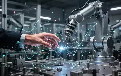 A human hand gently guides a robotic arm in a brightly lit industrial setting, symbolizing human-robot collaboration. - Foto: über boerse-global.de