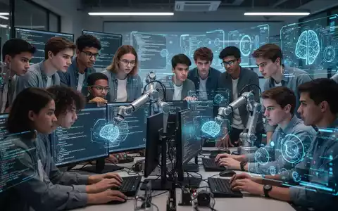 Young adults in a high-tech training center learn about robotics and AI with screens displaying code and robotic arms. - Foto: über boerse-global.de