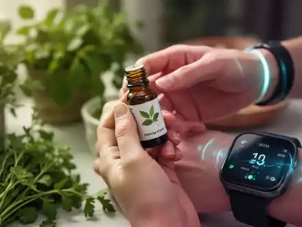 Hände halten eine kleine Flasche ätherisches Öl, im Hintergrund verschwommen Kräuter und ein Fitness-Tracker. Symbolisiert natürliche Gesundheit und digitale Unterstützung. - Foto: über boerse-global.de