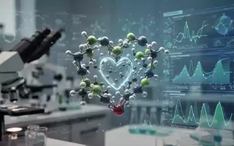 Eine stilisierte grafische Darstellung von Cholesterinmolekülen, die mit einem Herzsymbol verknüpft sind, vor verschwommenem Hintergrund aus medizinischer Forschungsausrüstung. - Foto: über boerse-global.de