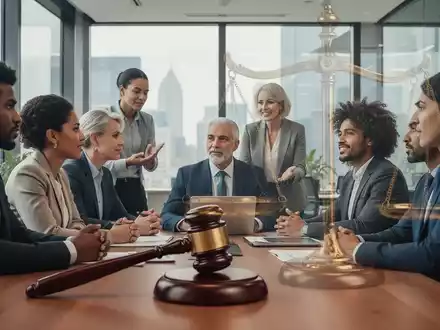 Eine vielfältige Gruppe von Menschen in einem modernen Büro, einige im Gespräch, mit einer subtilen Überlagerung eines Richthammer oder einer Waage der Gerechtigkeit. - Foto: über boerse-global.de