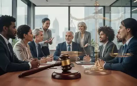 Eine vielfältige Gruppe von Menschen in einem modernen Büro, einige im Gespräch, mit einer subtilen Überlagerung eines Richthammer oder einer Waage der Gerechtigkeit. - Foto: über boerse-global.de