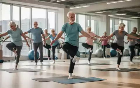 Ältere Erwachsene (55+) führen unter Anleitung Hüftmobilitätsübungen in einem hellen Fitnessstudio durch, um Gleichgewicht und Flexibilität zu verbessern. - Foto: über boerse-global.de