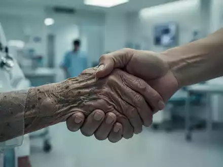 Eine ältere Hand wird von einer jüngeren Hand gehalten, symbolisiert Pflege und die finanzielle Belastung von Angehörigen. - Foto: über boerse-global.de