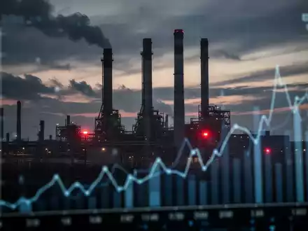 Dunkle, moderne Industrielandschaft bei Sonnenuntergang mit rauchenden Schornsteinen und verschwommenen Finanzdaten im Vordergrund. - Foto: über boerse-global.de