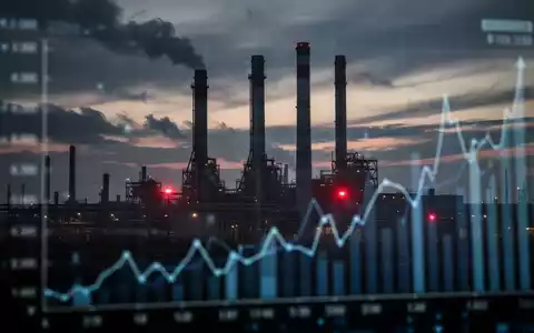 Dunkle, moderne Industrielandschaft bei Sonnenuntergang mit rauchenden Schornsteinen und verschwommenen Finanzdaten im Vordergrund. - Foto: über boerse-global.de