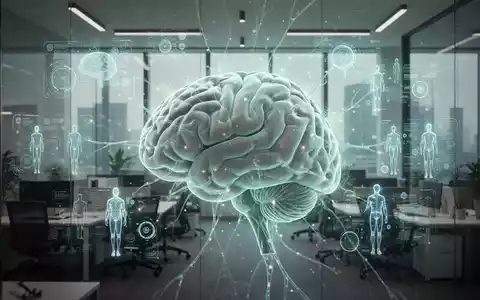 Ein stilisiertes Gehirn überlagert eine moderne Büroumgebung, mit neuralen Pfaden, die KI-Schnittstellen und Menschen verbinden. - Foto: über boerse-global.de