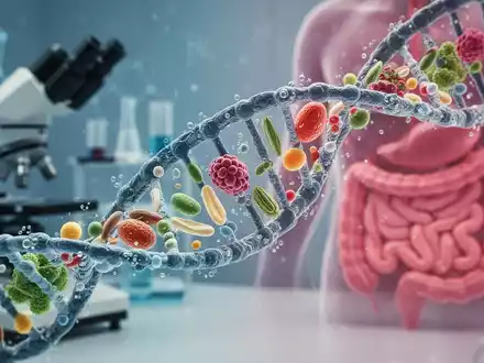 Eine DNA-Spirale, die sich mit Nährstoffmolekülen verbindet, im Hintergrund verschwommene medizinische Forschungsausrüstung. - Foto: über boerse-global.de