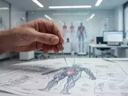 Eine Hand hält eine Akupunkturnadel über einem menschlichen Körperdiagramm mit digitalen Diagnose-Overlays in einer modernen Klinik. - Foto: über boerse-global.de