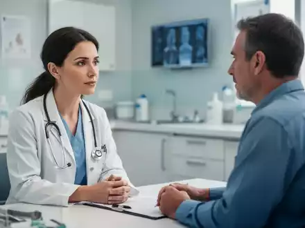 Eine Ärztin spricht beruhigend mit einem Patienten in einer modernen Klinik, Fokus auf Kommunikation und Unterstützung in der Onkologie. - Foto: über boerse-global.de