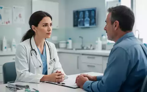 Eine Ärztin spricht beruhigend mit einem Patienten in einer modernen Klinik, Fokus auf Kommunikation und Unterstützung in der Onkologie. - Foto: über boerse-global.de