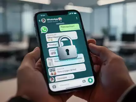 A smartphone screen showing a WhatsApp chat with a digital padlock icon, indicating a scam. Hands hold the phone in a blurred office. - Foto: über boerse-global.de