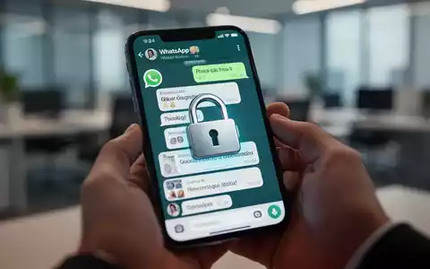 A smartphone screen showing a WhatsApp chat with a digital padlock icon, indicating a scam. Hands hold the phone in a blurred office. - Foto: über boerse-global.de