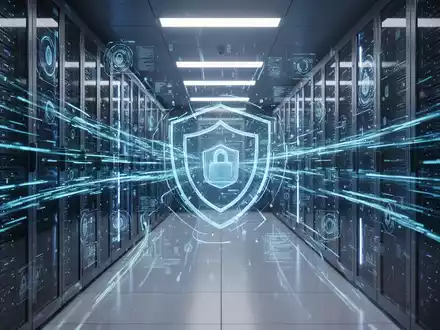 A futuristic server room with blue light and digital interfaces, symbolizing a major software update and cybersecurity. - Foto: über boerse-global.de