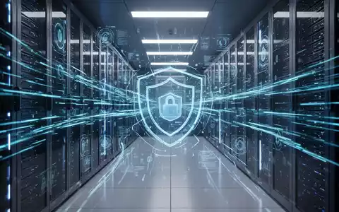A futuristic server room with blue light and digital interfaces, symbolizing a major software update and cybersecurity. - Foto: über boerse-global.de