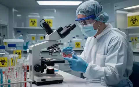 Ein Wissenschaftler in Schutzkleidung untersucht eine Petrischale unter einem Mikroskop in einem Labor. Biohazard-Symbole sind im Hintergrund. - Foto: über boerse-global.de