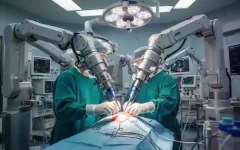 Ein Chirurg in OP-Kleidung führt eine Operation mit fortschrittlichen Roboterarmen in einem modernen Operationssaal durch. - Foto: über boerse-global.de
