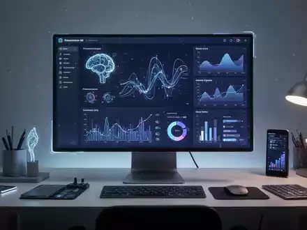 Minimalistischer Schreibtisch mit leuchtendem KI-Interface auf einem Monitor, der Produktivität und Zeitersparnis symbolisiert. - Foto: über boerse-global.de