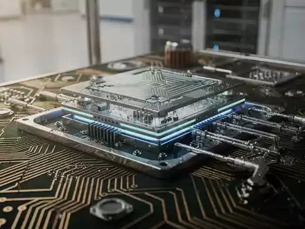 Nahaufnahme eines futuristischen Quantenprozessor-Chips mit komplizierten Schaltkreisen und leuchtenden Elementen in einem Hightech-Reinraum. - Foto: über boerse-global.de