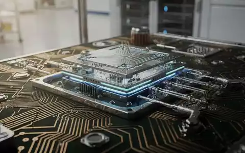 Nahaufnahme eines futuristischen Quantenprozessor-Chips mit komplizierten Schaltkreisen und leuchtenden Elementen in einem Hightech-Reinraum. - Foto: über boerse-global.de
