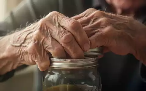 Nahaufnahme der Hand eines älteren Mannes, der Schwierigkeiten hat, ein Schraubglas zu öffnen, was auf Muskelschwäche hindeutet. - Foto: über boerse-global.de
