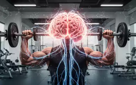 Ein stilisiertes, leuchtendes menschliches Gehirn, das über neuronale Pfade mit starken, muskulösen Armen verbunden ist, die Gewichte heben. - Foto: über boerse-global.de